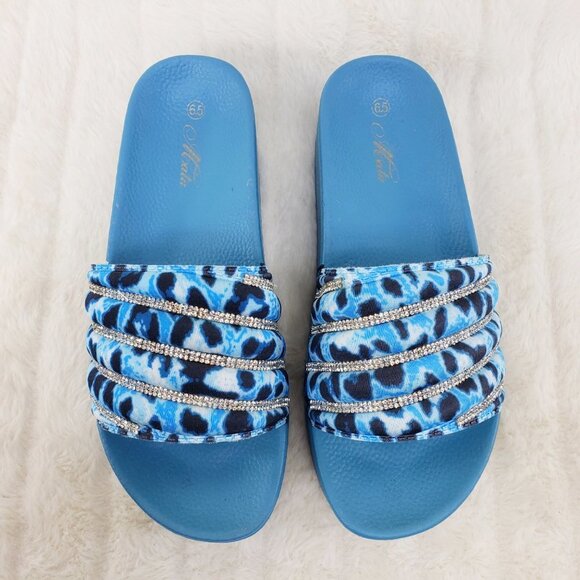 Beach Day Blue Leopard Slip on Platform Sandals Rhinestone Details - Picture 6 of 12